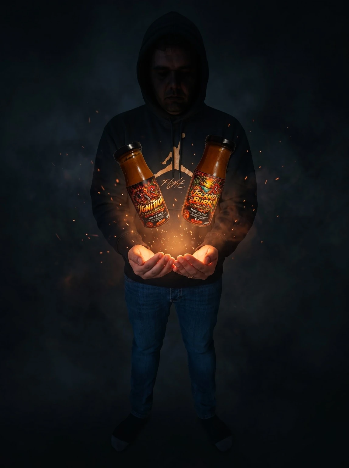 Samuel Sousa im dunklen Hoodie mit Ignition und Island Burn im Feuerlicht